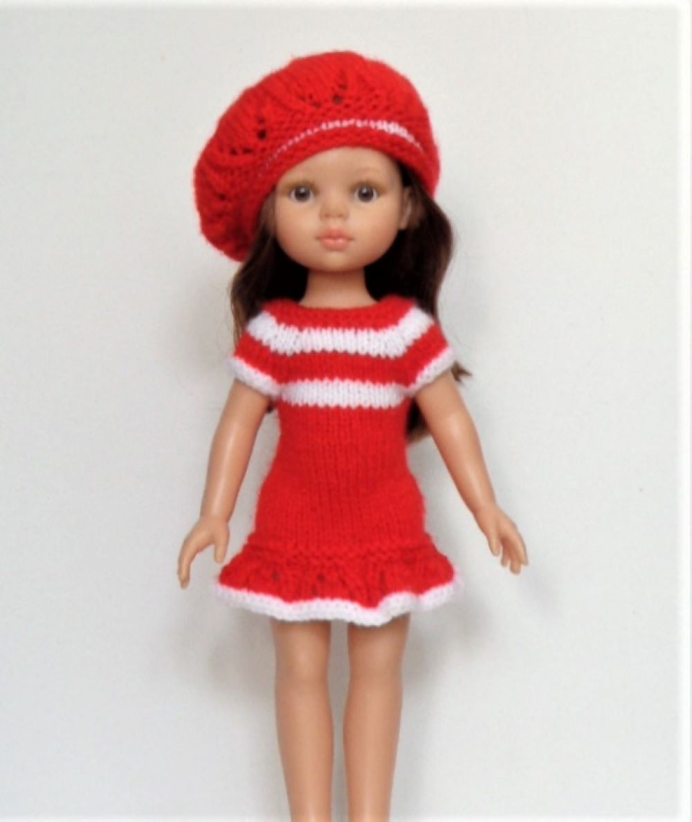 Šaty a baret na panenku Paola Reina 32 cm červené
