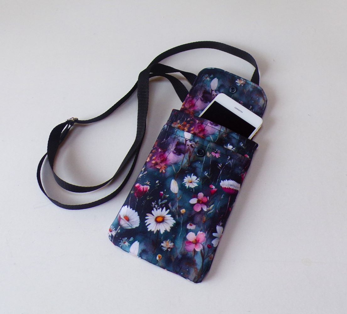 Kabelka na mobil crossbody - kvítka na šedozelené