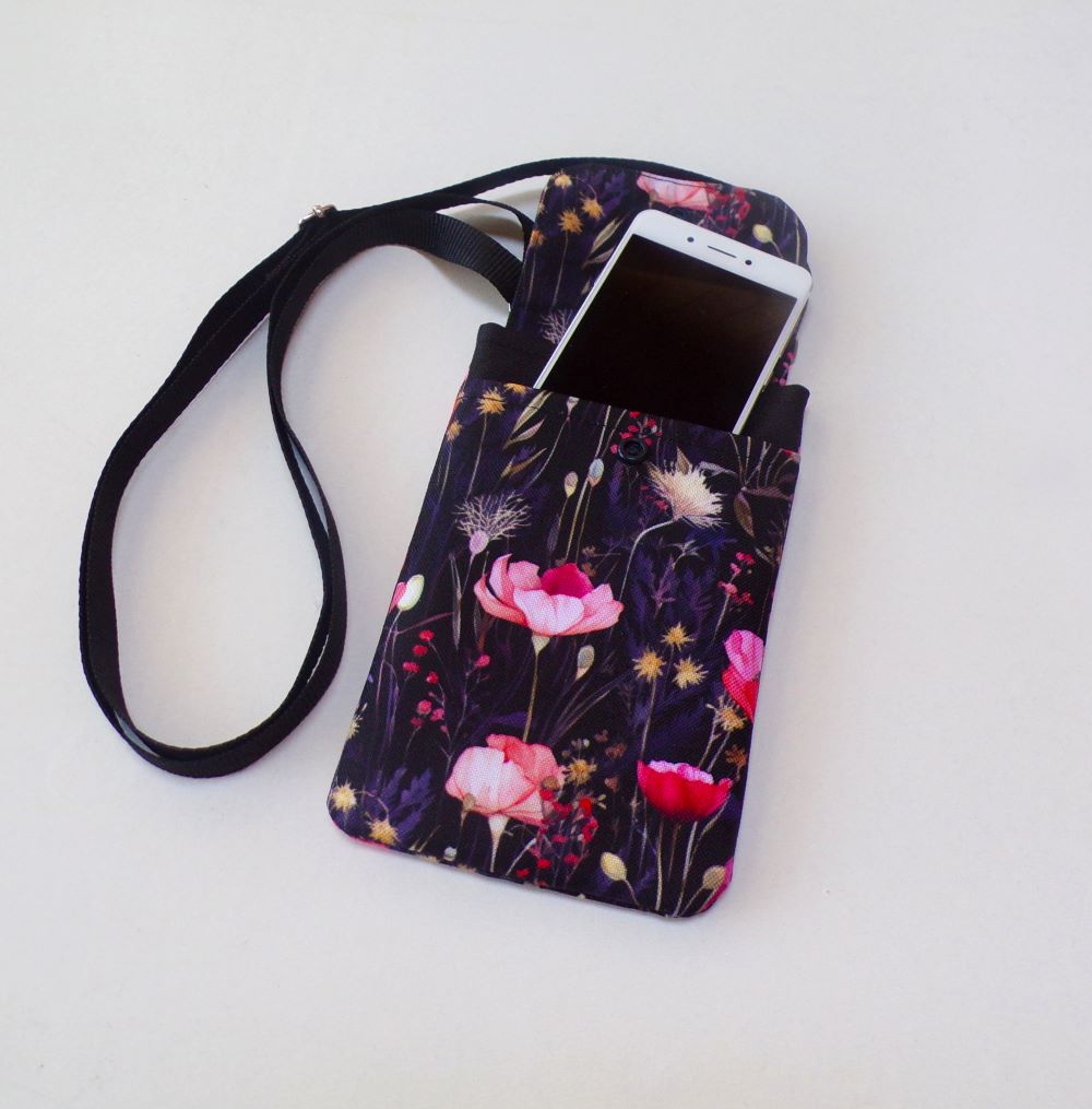 Kabelka na mobil crossbody - květiny na černé