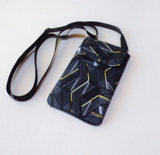 Kabelka na mobil crossbody - geo černošedá se žlutou