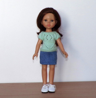 Světle mátový svetřík a sukně na panenku Paola Reina 32 cm