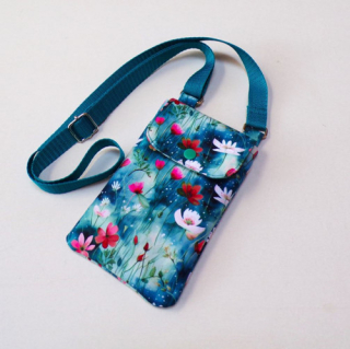 Kabelka na mobil crossbody - kvítka na tyrkysu